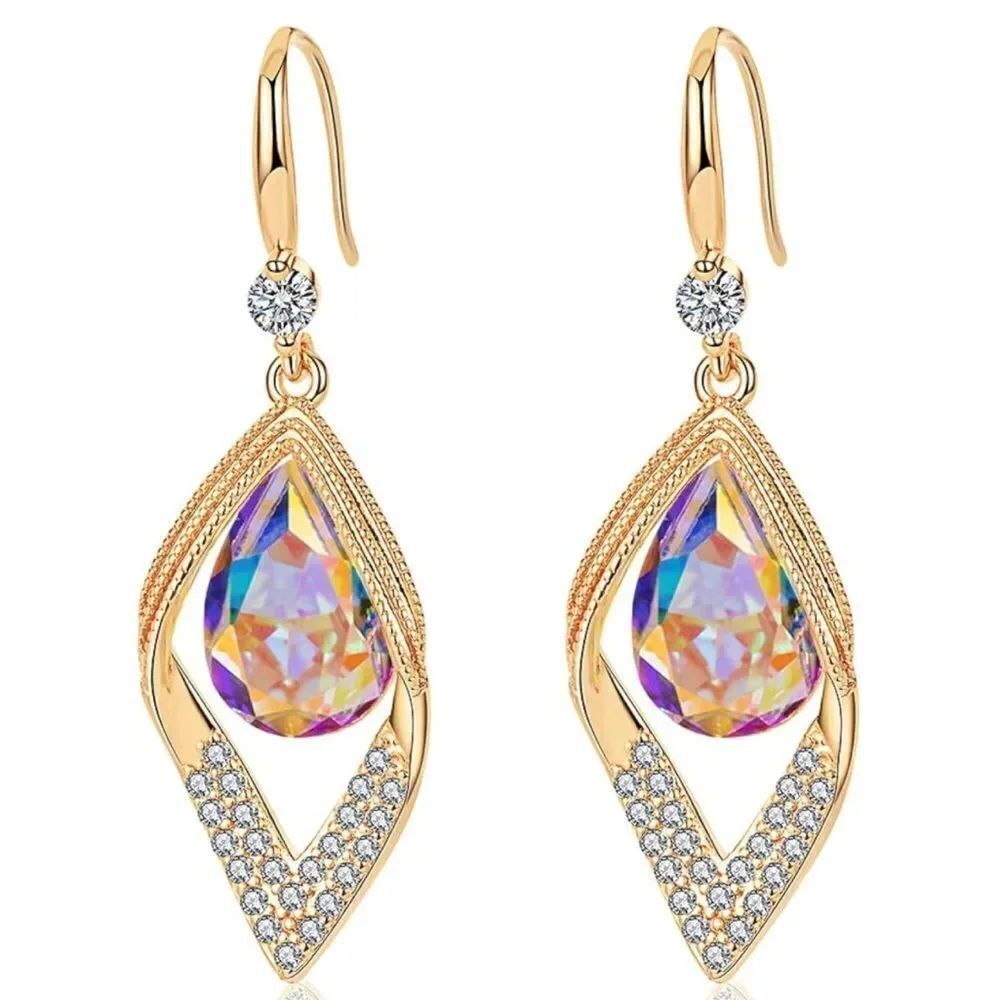 14K Yellow Gold with Iridescent AB Austrian Crystal Halo Leaf Teardrop Earrings